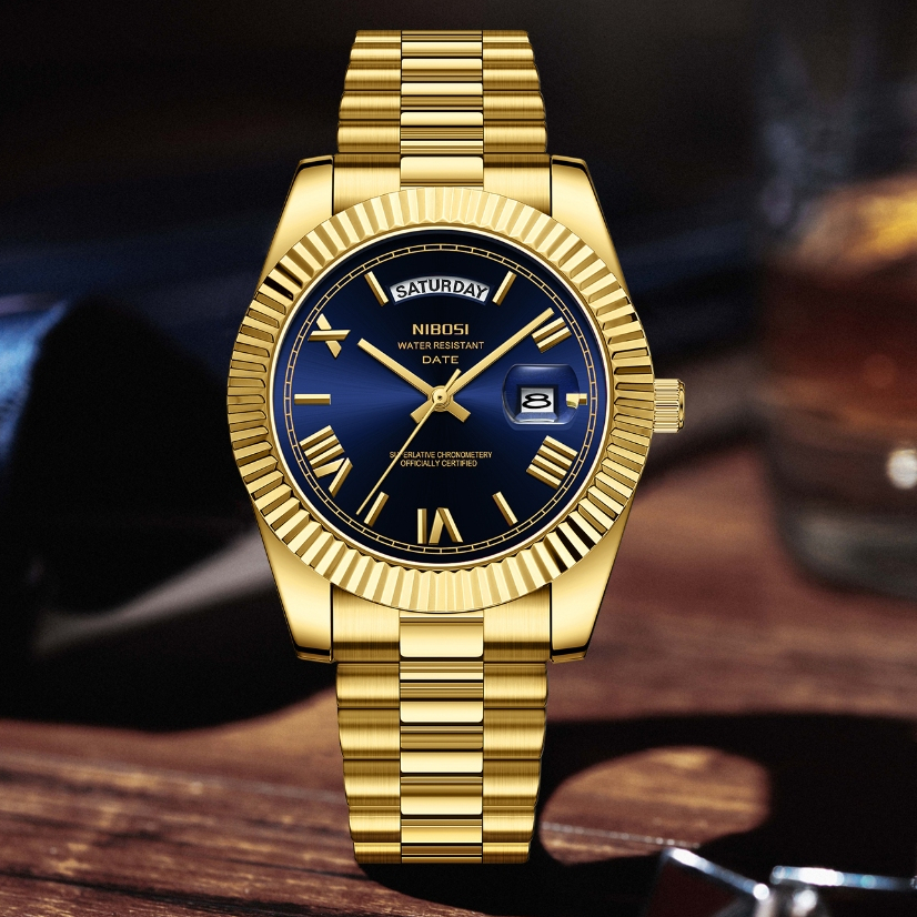 Relógio Masculino De Moda Empresarial Dourado Com Calendário De Luxo Da Marca Nibosi