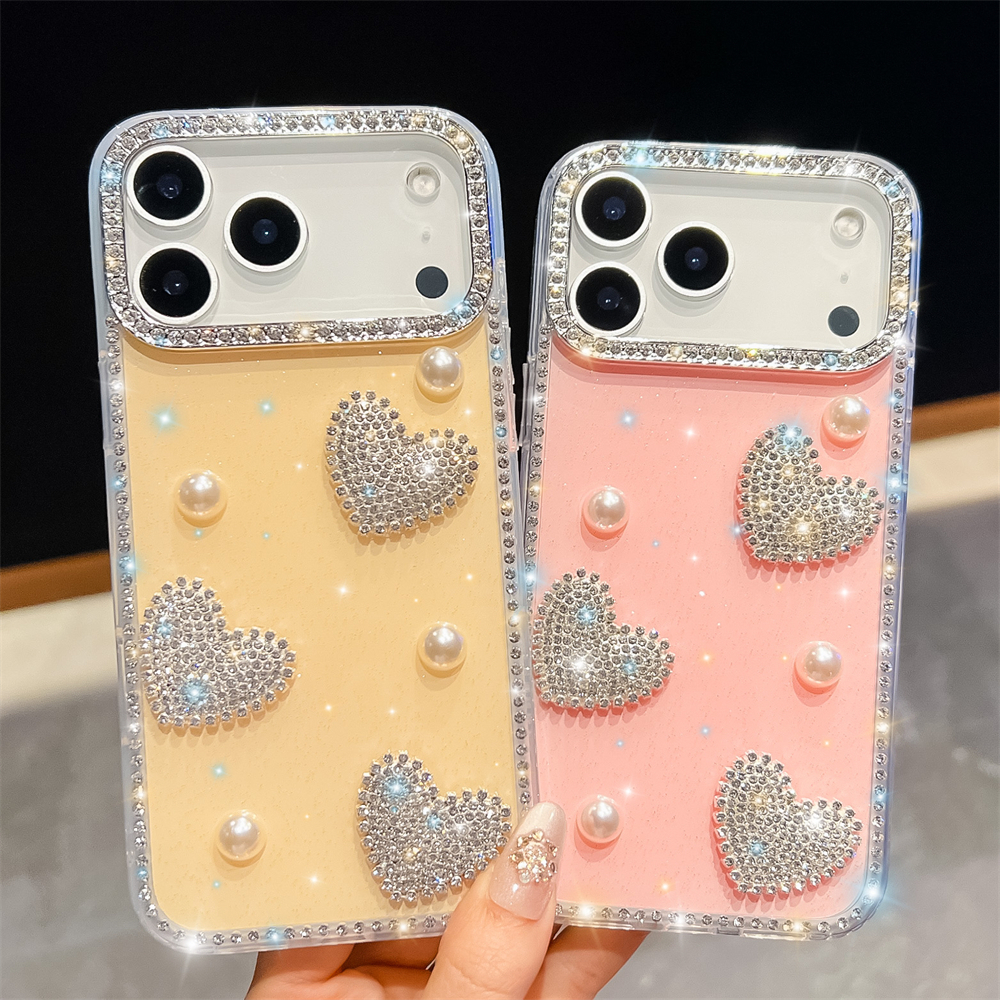 Capa Com Glitter Pérola Diamante Para iPhone 17 16 15 14 13 Pro Max 17Air 16E Protetor De Lente De Amor Strass Feito À M