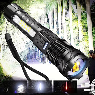 Lanterna de luz forte Led Zoom retrátil recarregável com luz lateral COB vermelha/azul luz