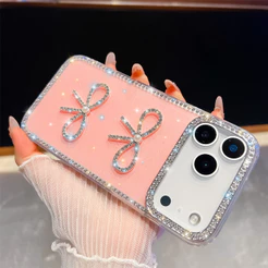 Capa Com Glitter E Laço De Diamante Para iPhone 18 17 16 15 14 13 Pro Max 17Air 16E Protetor De Lente De Strass Feito À