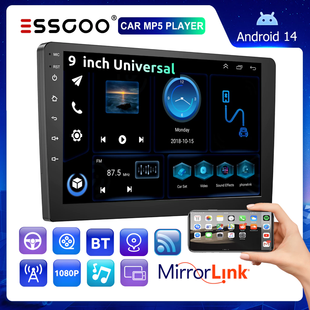(Envio de São Paulo)ESSGOO 9 Polegadas 2 Din Carro Multimídia Center 2GB 4GB Android 14 MP5 Player Com GPS