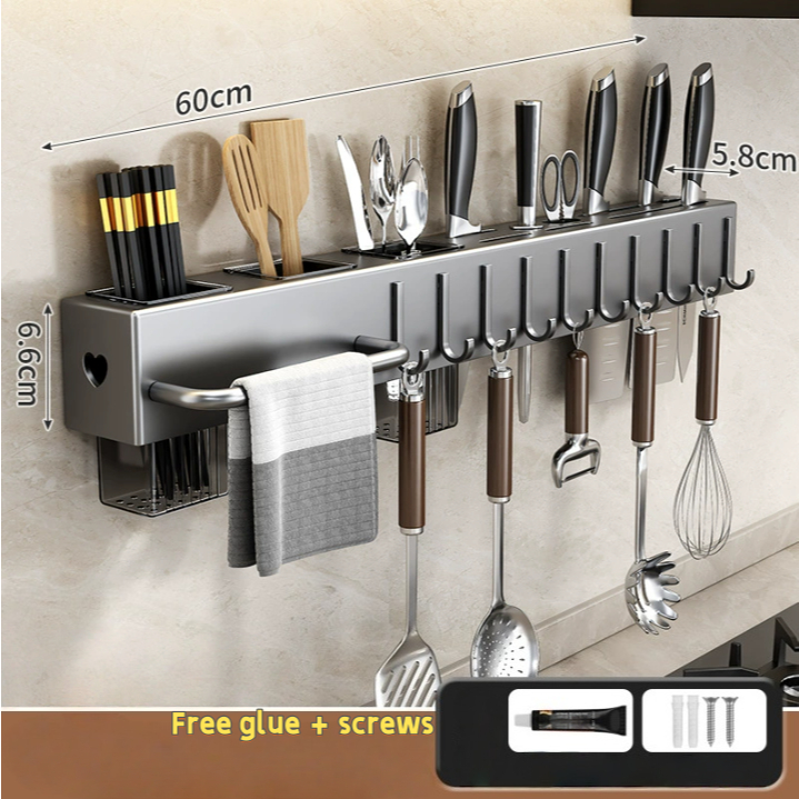 Rack de cozinha sem perfuração, montado na parede, multifuncional, faca de cozinha, pauzinhos, faca, rack de armazenamen em Oferta na Shopee