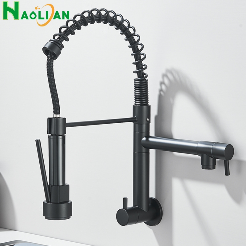 Torneira De Cozinha Preta, Água Fria Única, Bicos Duplos, Torneira De Cozinha, Montado Na Parede, Guindaste De Bocal Abs