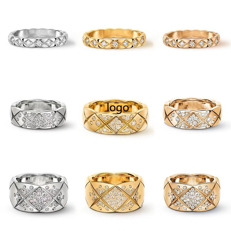 Anel de aço de titânio com verificação de diamante HT Anel de casal banhado a aço inoxidável banhado a ouro 18K
