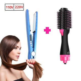 Hair Styling Kit- Escova Secadora+Chapinha prancha 110V/220V, Ferramentas de Salão de 2 e…