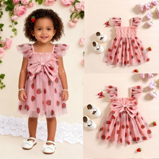 Vestido De Tule Princesa Com Estampa De Morango E Manga Plissada Para Bebês Meninas em Oferta na Shopee
