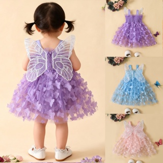 Macacão Vestido de linha A sem mangas para infantil/Bebês menina 0 -24 meses /detalhes de borboleta plissada em tule para festa, azul/roxo/rosa. em Oferta na Shopee
