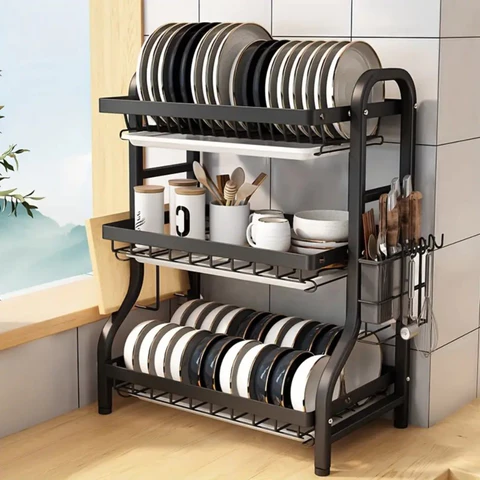 HAOSIN Escorredor De Pratos De Aço Inoxidável Preto Com Organizador Rack Multifuncional De 3 Camadas