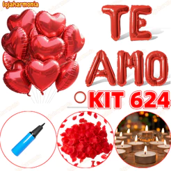 Kit Romântico - 600 Pétalas + 10 Velas + 10 Balões Coração + Balão Te Amo + Fitilho + Bomba-LJ