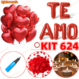 Kit Romântico - 600 Pétalas + 10 Velas + 10 Balões Coração + Balão Te Amo + Fitilho + Bomba-LJ