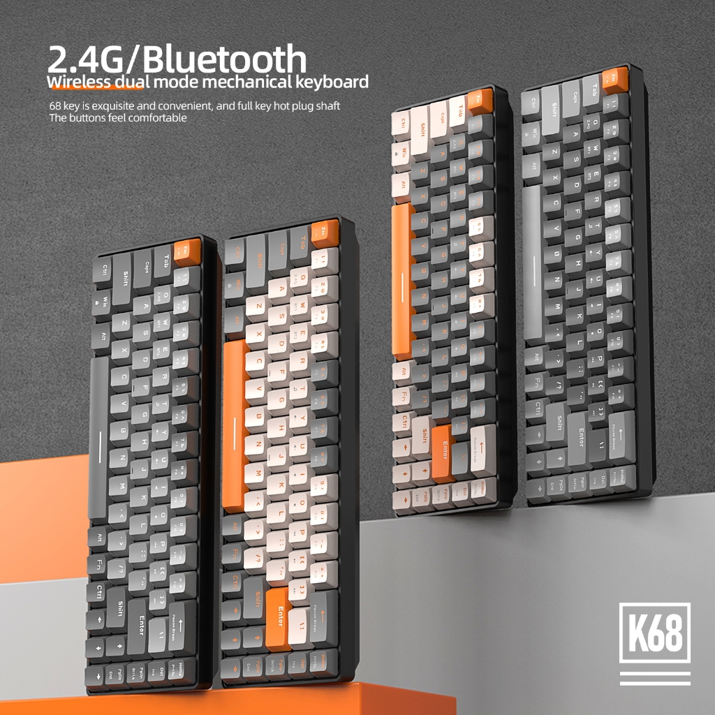 Teclado Mecânico K68 Para laptop | Modo Duplo De 68 Teclas Bluetooth 5.0 + 2.4G Sem Fio Hot-Swappable ABS Double-Shot AA