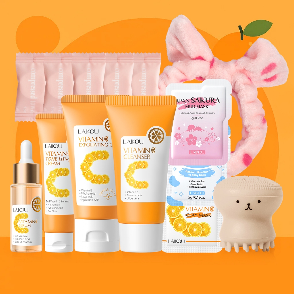 LAIKOU Kit skincare limpeza de pele completo c/Esfoliante Facial, Sérum, Gel de Limpeza e Base Facial Hidratante-14itens