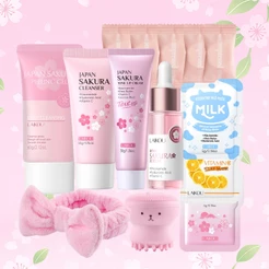 Kit Completo de Beleza Sakura LAIKOU - Esfoliante, Gel de Limpeza, Sérum, Base Facial, Máscaras Facial - 10 Peças