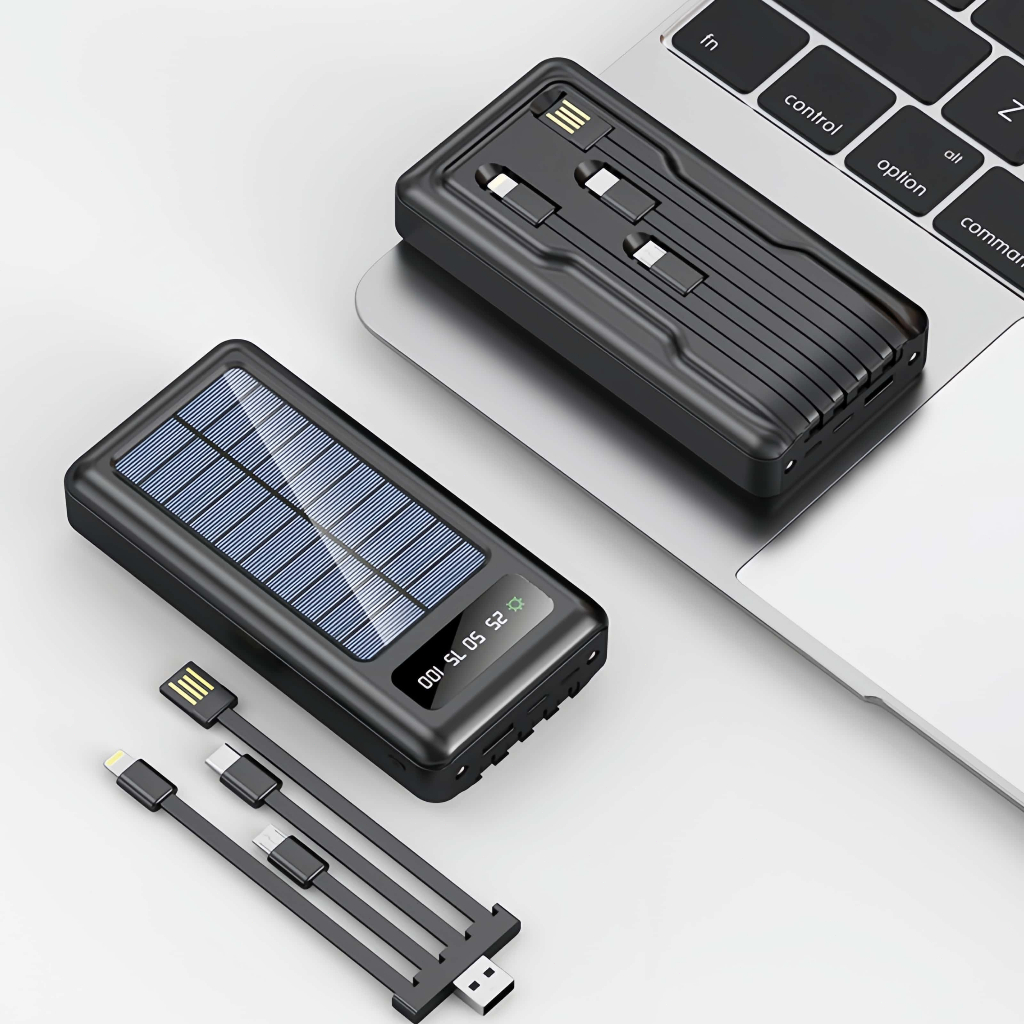 Banco Portátil 20.000mah Do Poder Solar Carregador Com Cabos 5 Em 1 Lanterna Diodo Emissor De Luz em Oferta na Shopee