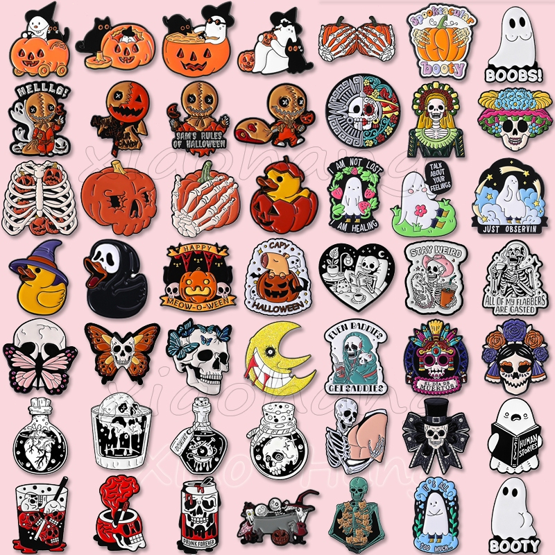 Esqueleto Gótico Assustador Esmalte Pino Punk Escuro Fantasma Broche Lapela Emblemas Acessórios De Roupas De Halloween P