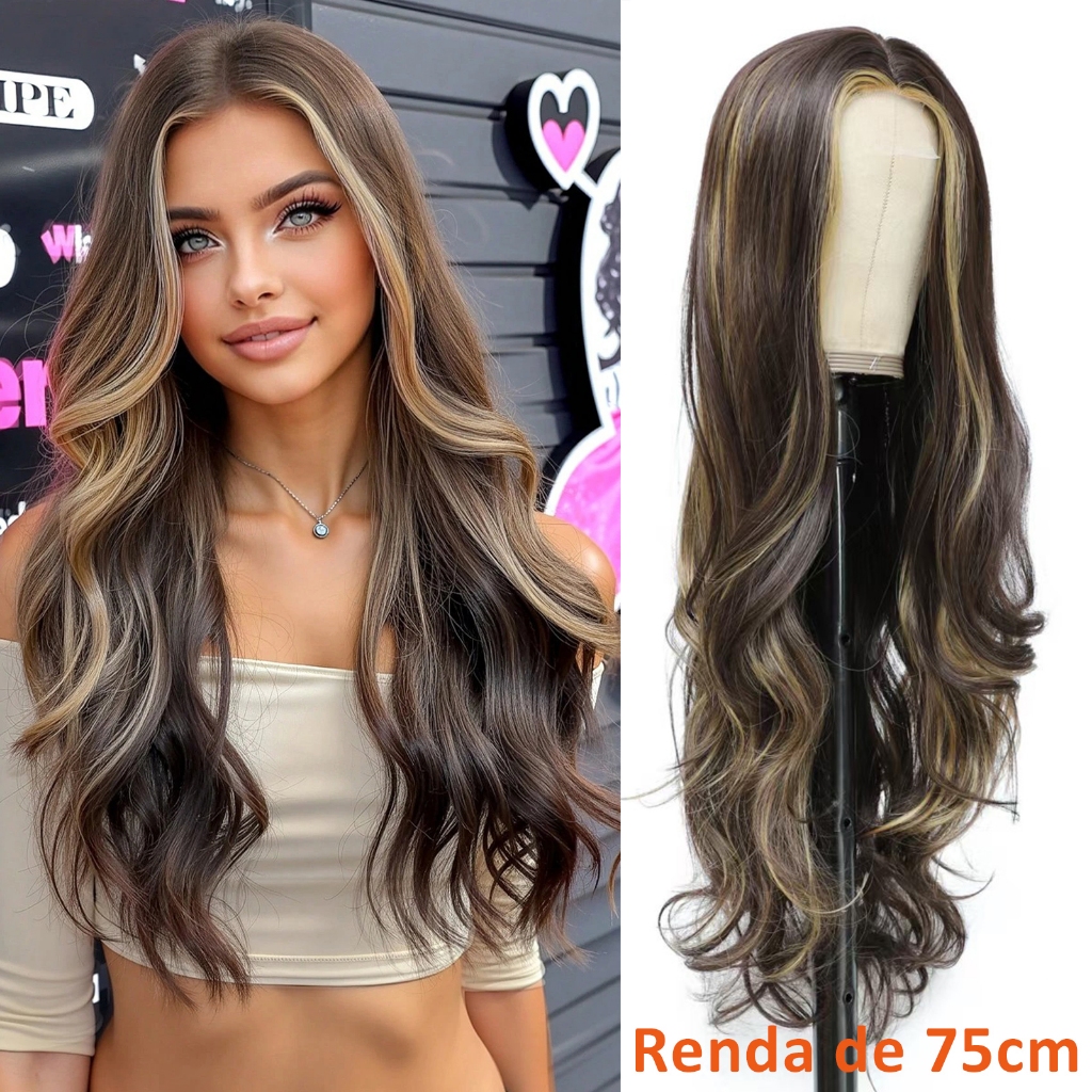 Peruca Longa Ondulada De Renda 75 cm Marrom Destaque Perucas Para Mulheres Culry De Cabelo Orgânico Parte Média em Oferta na Shopee