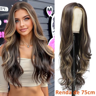 Peruca Longa Ondulada De Renda 75 cm Marrom Destaque Perucas Para Mulheres Culry De Cabelo Orgânico Parte Média em Oferta na Shopee