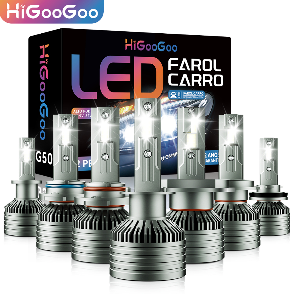 HiGooGoo G50 Garantia De Dois Anos 30000LM 150w Par Lampada Farol de carro H1 H3 H4 H7 H11 H27 HB3(9005) HB4(9006) 6500K em Oferta na Shopee