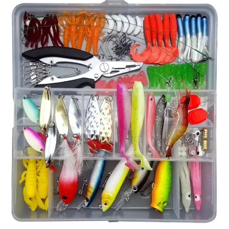 Conjunto completo de isca de pesca, 104 peças, conjunto completo de isca falsa, lantejoulas, Minnow, trovão, sapo, isca