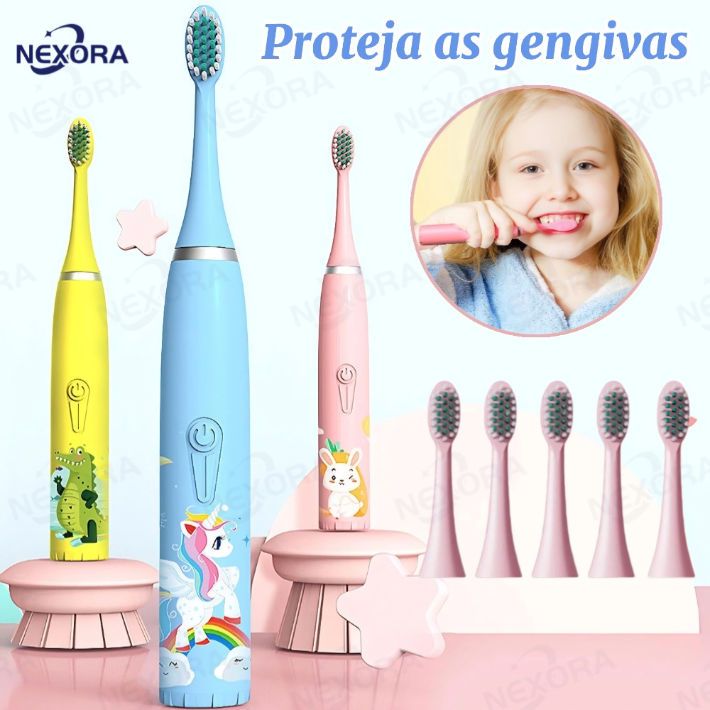 Escova Dental Elétrica Ultra-Sônica Para Crianças Acústica Onda Fofa Cabelos Suaves Dupla Face Limpa Cuidados