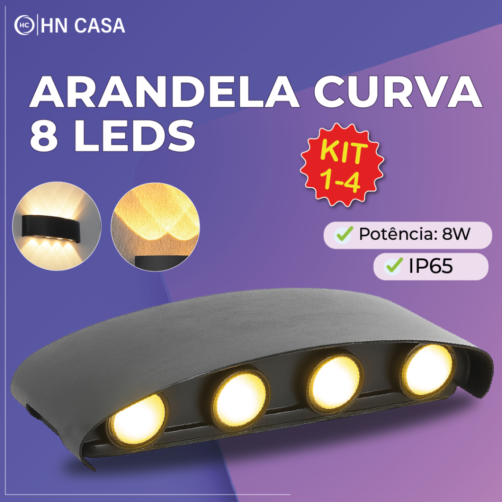 Luminária Arandela Led Meia Lua Curva 8W Parede Luz Quente 8 LEDS Estrutura Preta