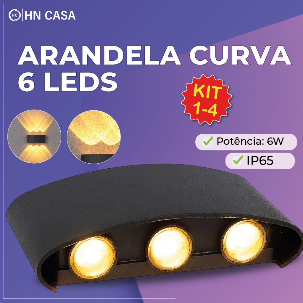Luminária Arandela Led Meia Lua Curva 6W Parede Luz Quente 6 LEDS Estrutura Preta