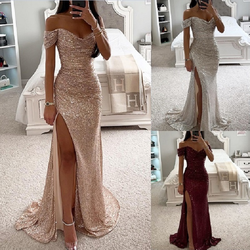 Vestido Feminino Com Fenda De Lantejoulas E Ombro De Fora , Longo Para Festa À Noite em Oferta na Shopee