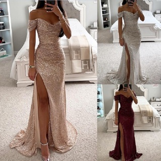 Vestido Feminino Com Fenda De Lantejoulas E Ombro De Fora , Longo Para Festa À Noite em Oferta na Shopee