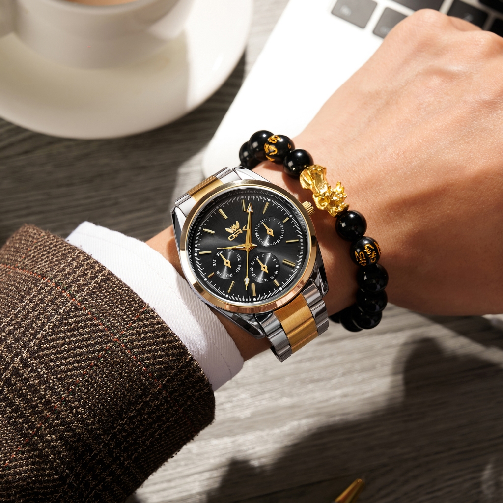 Detalhes do OLEVS 6024 Relógio Masculino Luxo Prova Da água Original Preto De Aço Cronógrafo Quartzo Luminoso Formal