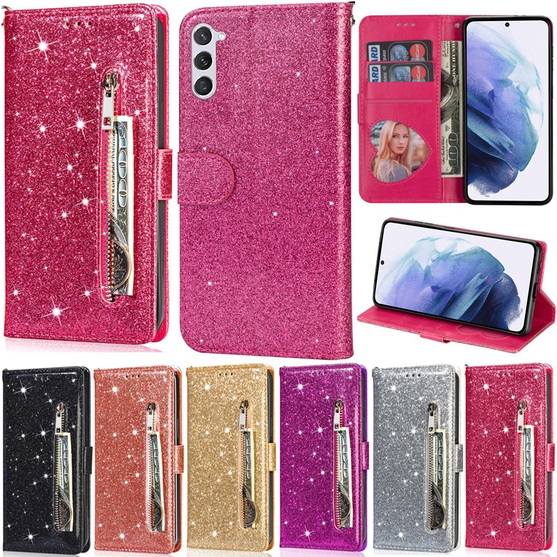 Capa Com Zíper Para Samsung Galaxy A56 A36 A55 A35 A15 A25 A24 A54 A34 A14 A53 A33 A05S M14 5G A05 Glitter Carteira Soft
