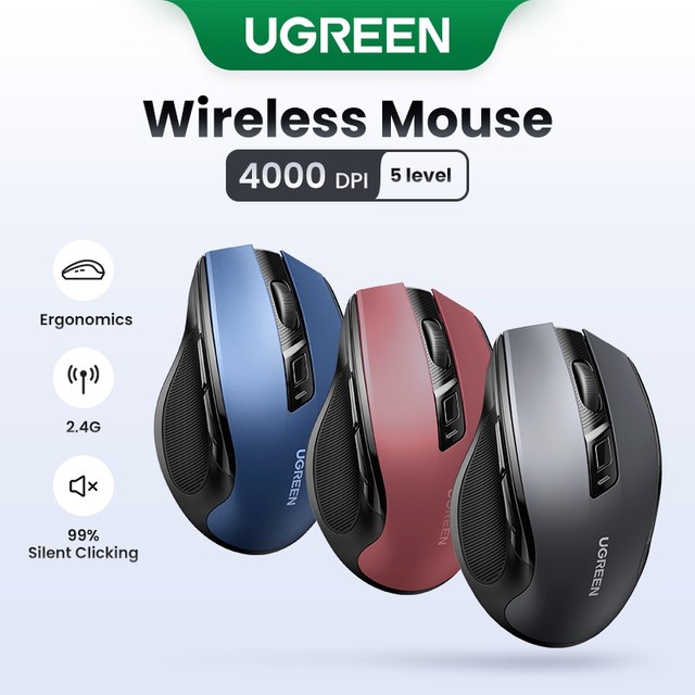 UGREEN Mouse Sem Fio Bluetooth 5.0, 6 Botões Silenciosos 2.4G Com USB Mini Receptor Nível DPI 5 Configuração 4000DPI