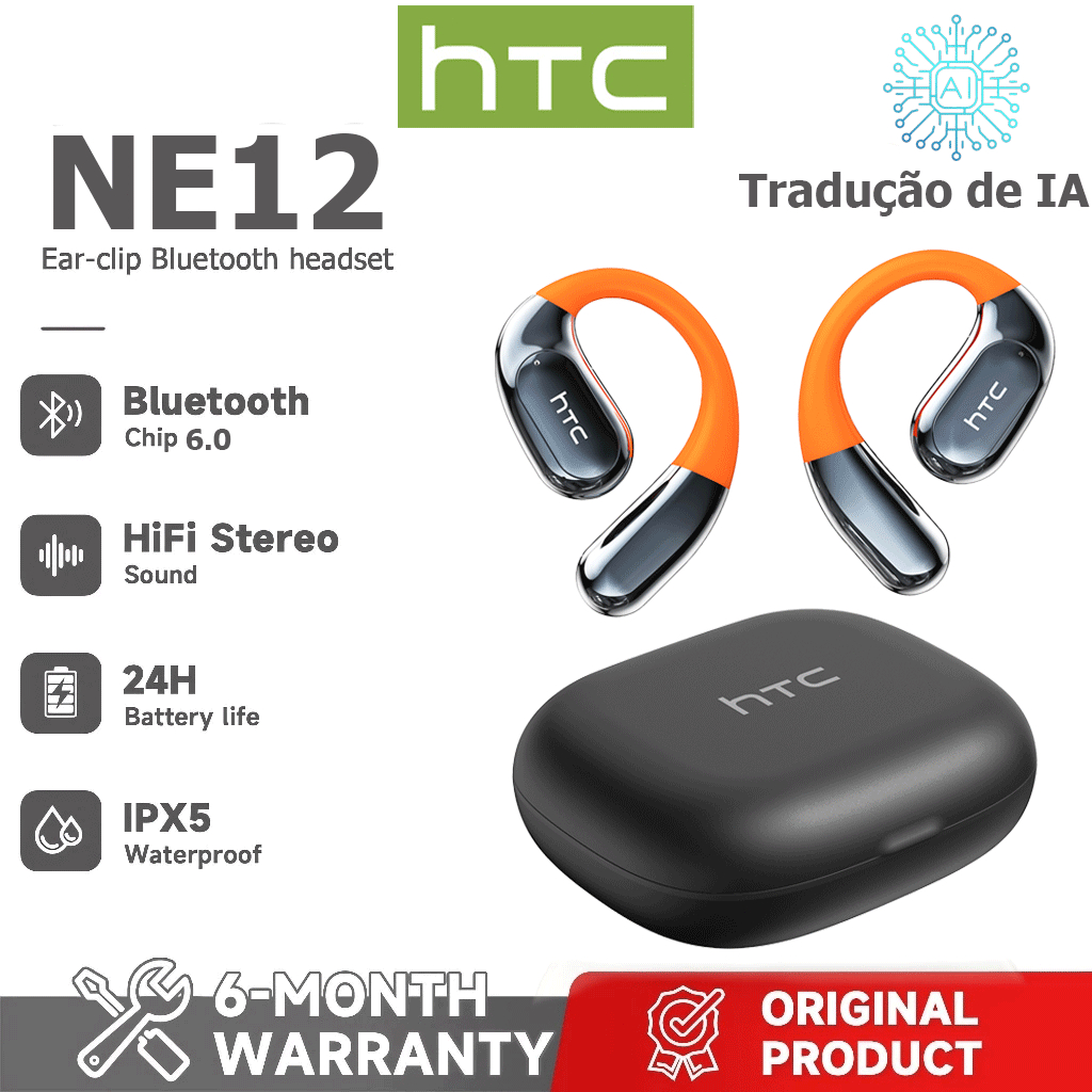 Garantia de um ano HTC NE12 AI Tradução Tradução em tempo Real TWS Fone de ouvido Bluetooth Bluetooth 6.0 HiFi Qualidade