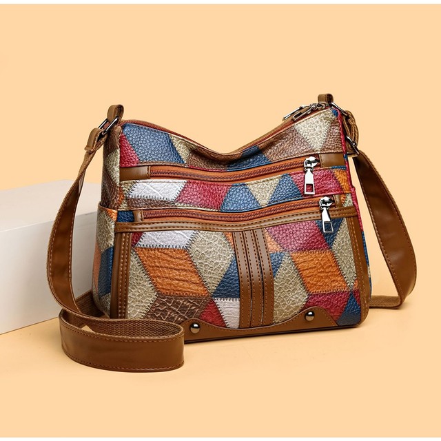Bolsa Transversal Feminino Moda Elegante Patchwork Padrão Geométrico Couro PU
