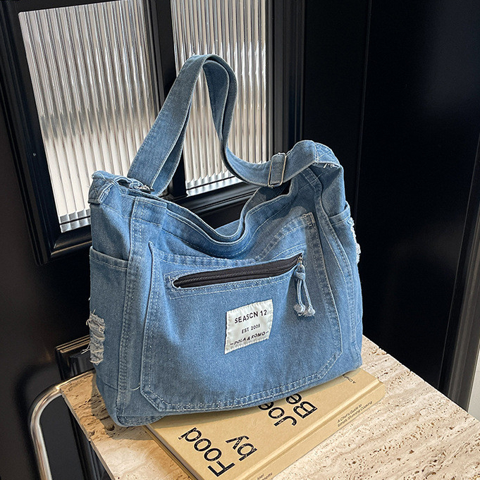 Bolsa jeans lavada feminina bolsa de ombro de grande capacidade bolsa mensageiro bolsa de lona