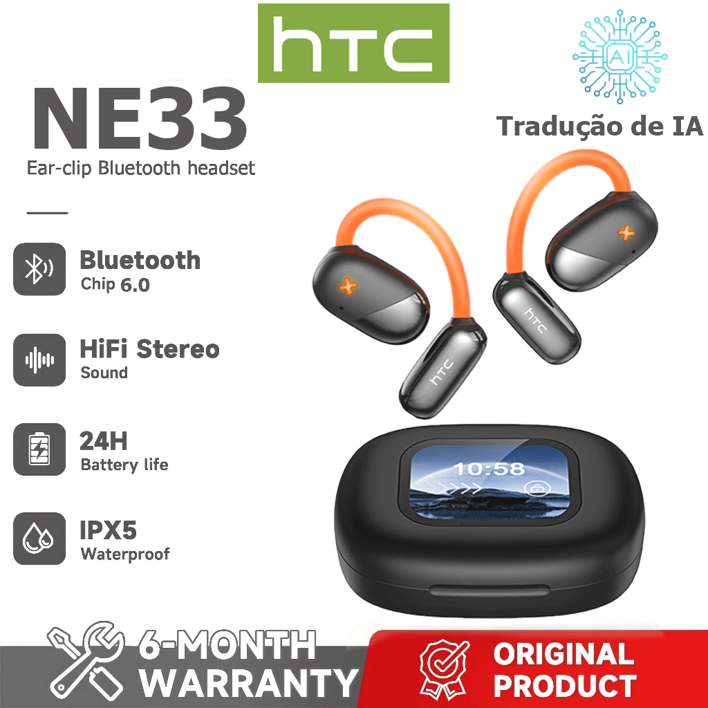 HTC NE33 AI Tradução Tradução em tempo Real TWS Fone de ouvido Bluetooth Bluetooth 6.0 HiFi Qualidade de som IPX5 Fone d