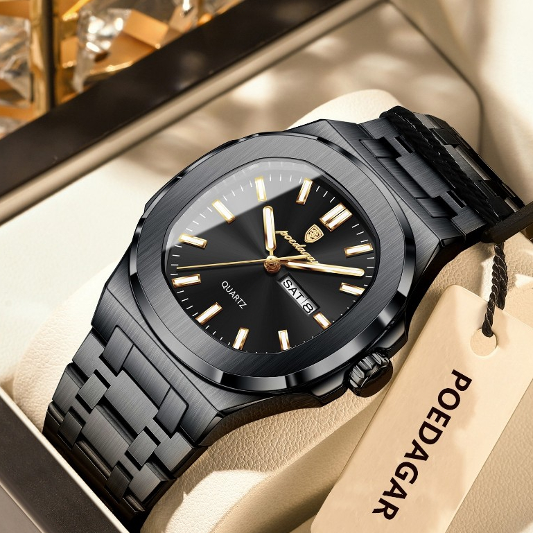 POEDAGAR Topo Original Homem Relógio Data Semana À Prova Dwaterproof Água Luminoso Quadrado Masculino Aço Inoxidável Qua em Oferta na Shopee