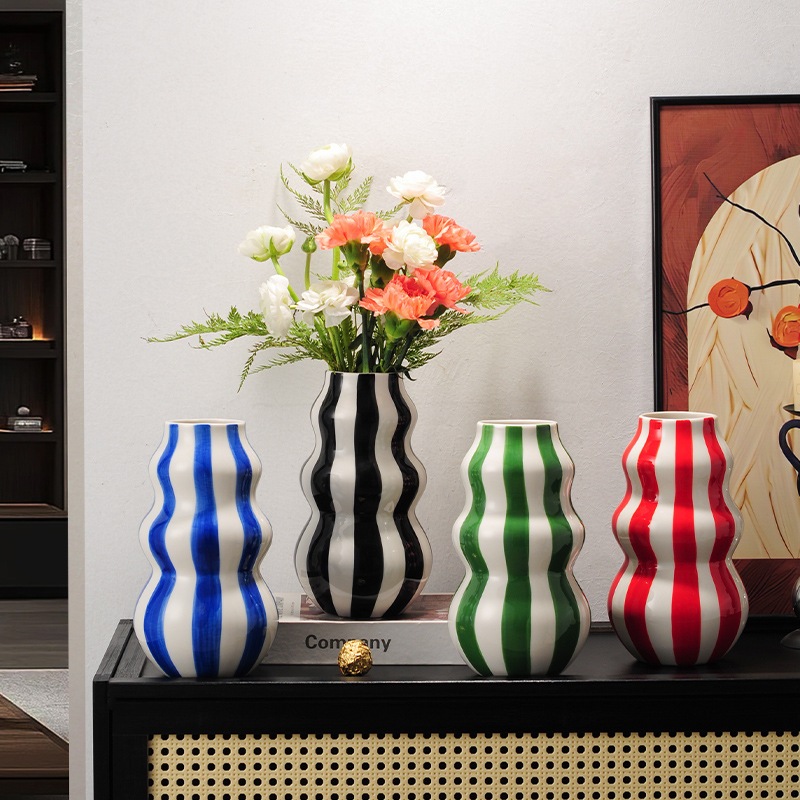 Vaso Listrado De Cerâmica Retrô Nórdico , Decoração De Casa , De Sala De Estar Estilo Elegante