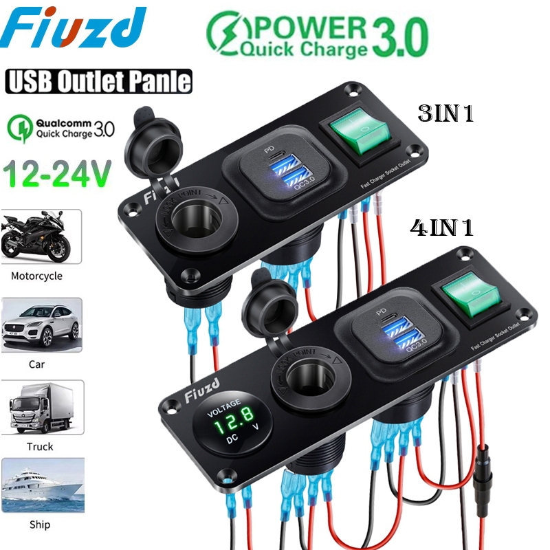 12V Tomada De Isqueiro 4 Em 1 À Prova Dwaterproof Água Carro Duplo QC3.0 Painel USB Para RV Barco Marinho Carregador