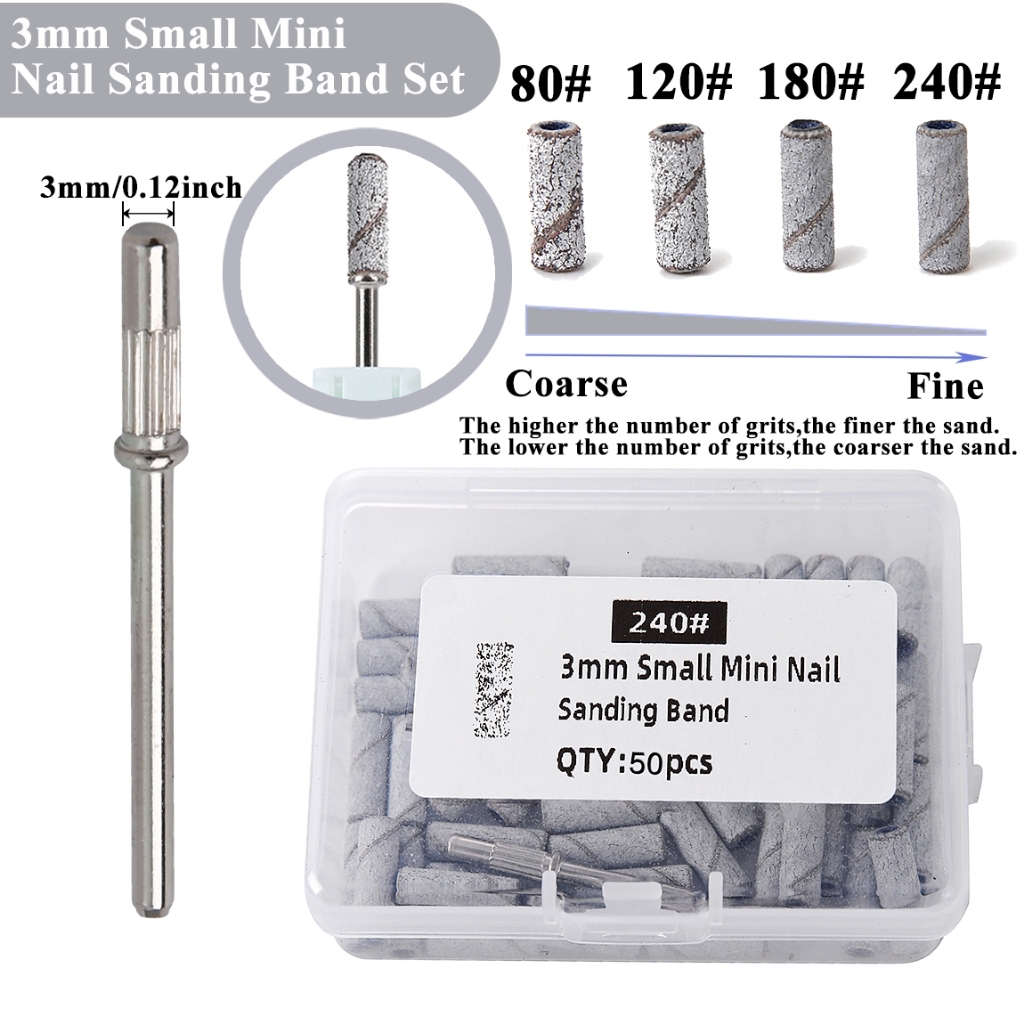 50 Pçs/Caixa 3mm Mini Bandas De Lixa Com 1 Eixo Prego Brocas Mandril Conjuntos Acessórios Manicure Elétrica Ferramenta R