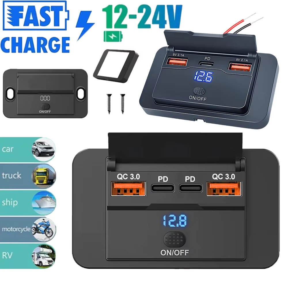 3.1A QC 3.0 Duplo USB Carregador De Carro Tomada Adaptador Montagem Em Painel De Carregamento Para 12V 24V Moto Barco Ôn