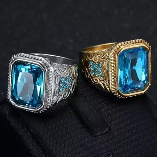 Luxo Água-Marinha Ouro Titânio Aço Diamante Cristal Masculino Punk Moda Jóias Anéis De Noivado em Oferta na Shopee