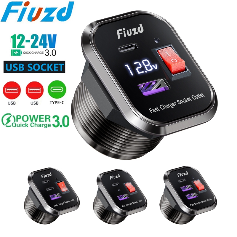 Tomada USB C Para Carregador De Carro , 12V/24V , Dupla PD3.0 E QC3.0 , Porta Com Voltímetro LED Interruptor Liga/Deslig