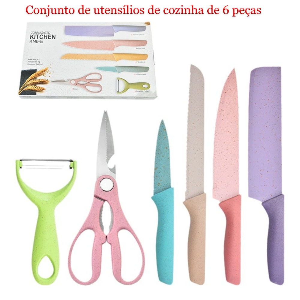 Kit Facas Cozinha/Churrasco 6 Peças - Antiaderente Profissional - Cores Preto/Colorido
