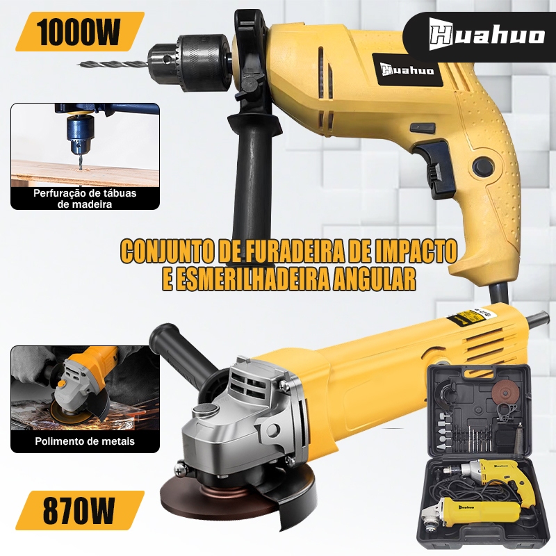 【110/220V】Furadeira de Impacto 100mm e Esmerilhadeira Angular e caixa plástica Com Acessórios