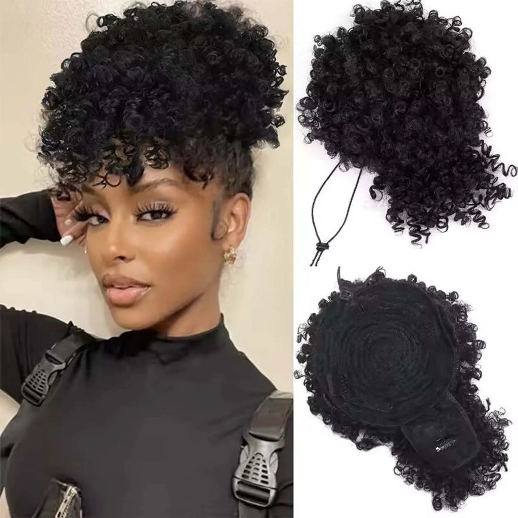 Extensão De Rabo De Cavalo Sintético Afro Puff Kinky Encaracolado Cabelo Updo Com Franja Cordão
