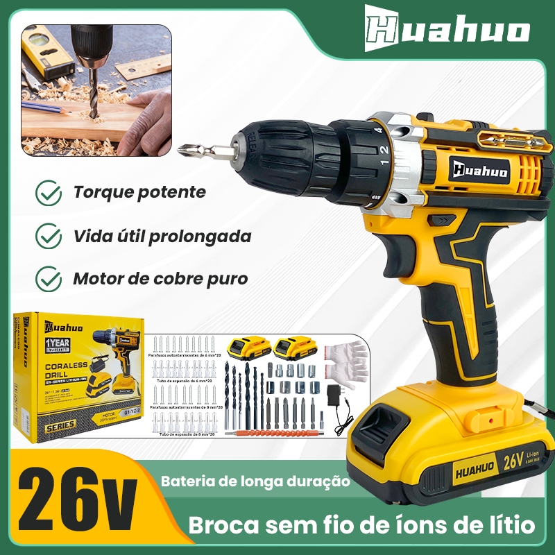 HUA HUO Parafusadeira A Bateria Furadeira Parafusadeira Parafusadeira 26V/21V/12V 2 Baterias