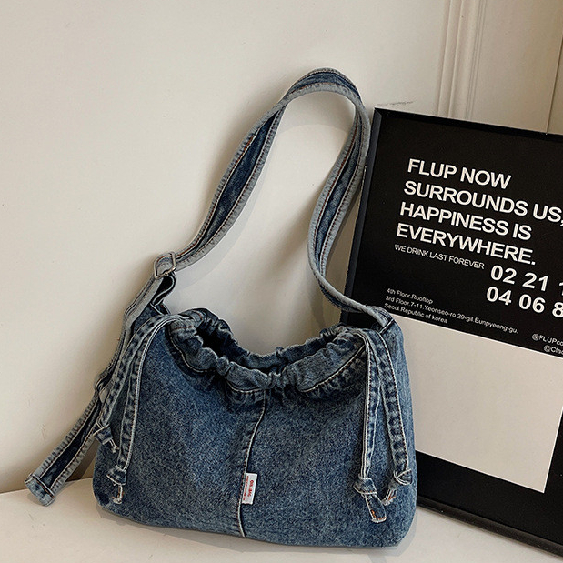Bolsa de ombro jeans com cordão, bolsa Crossbody de grande capacidade, bolsa de lona feminina