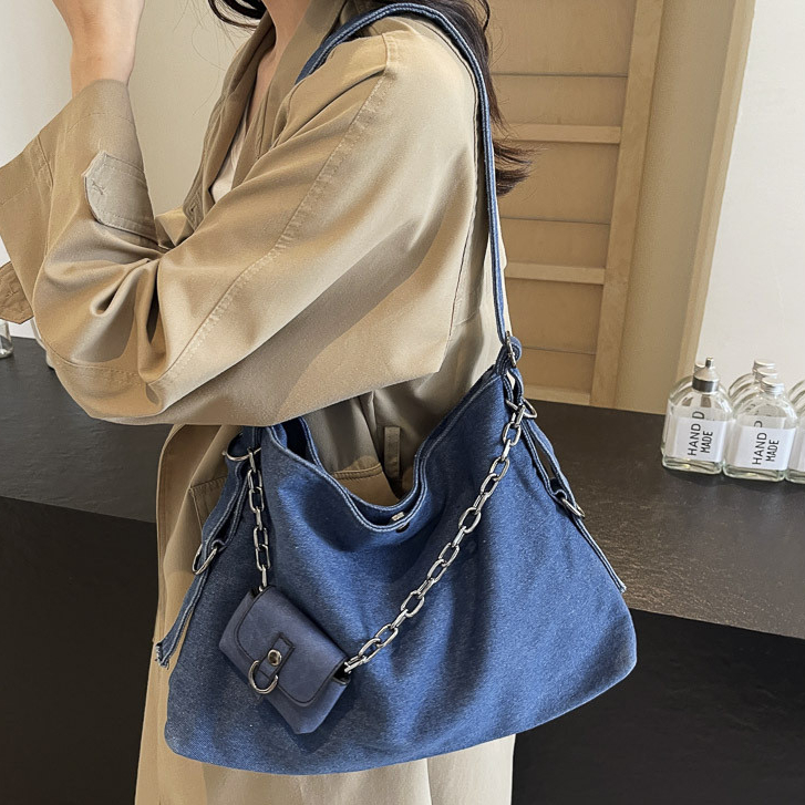Bolsa de ombro jeans feminina, bolsa mensageiro de grande capacidade, novo estilo, sacola de estudante, bolsa de lona
