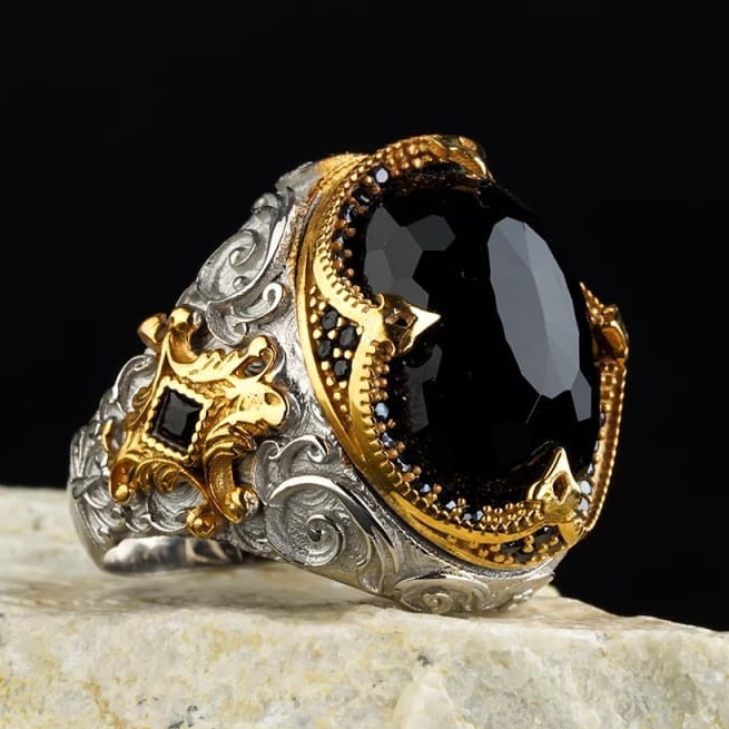 Anel Masculino Ajustável De Luxo/Ouro/Prata Preto Oval Com Pedra Hip-Hop