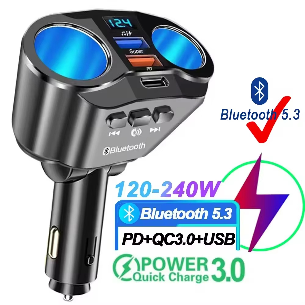 120W Isqueiro Do Carro Divisor Carregador Duplo USB QC3.0 Carga Rápida 12-24V Transmissores FM Automáticos Bluetooth Soq